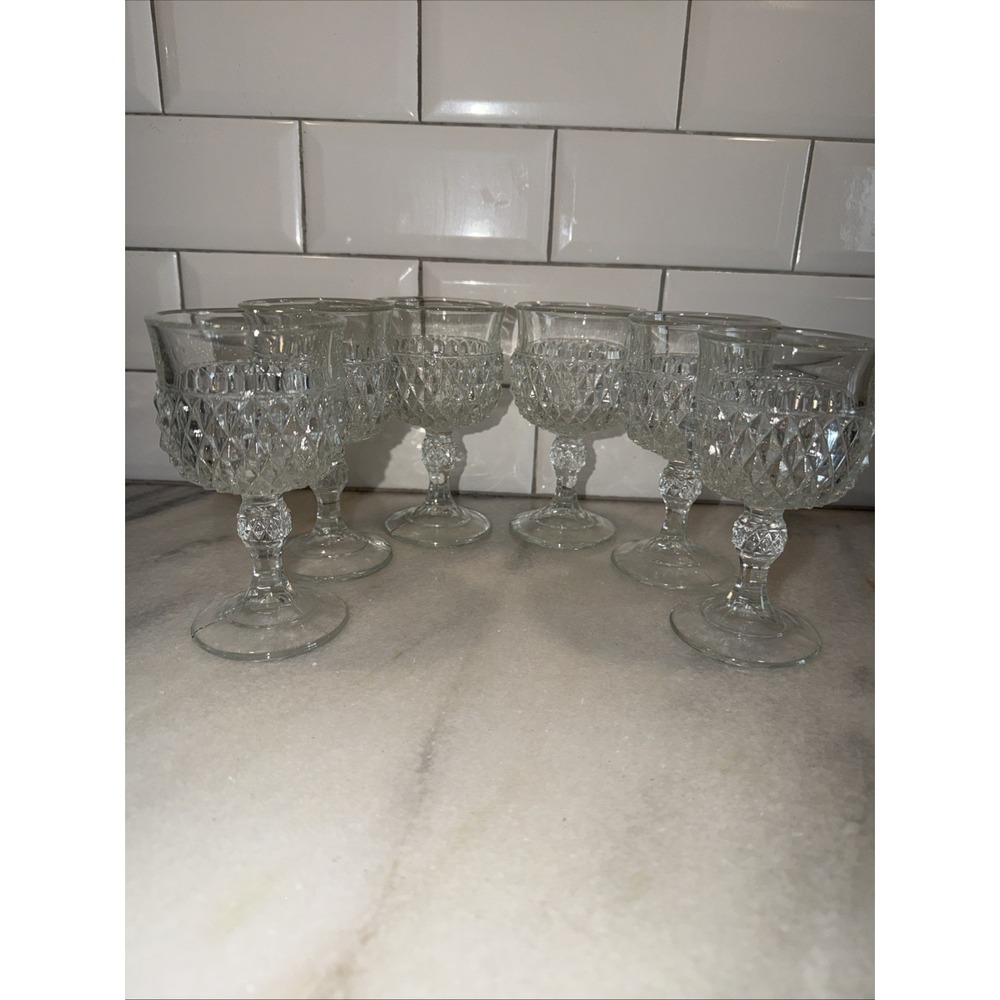 Vintage Indiana Glass Diamond Point Water Goblets 6.5 inch Heavy Set of 6 GW0051